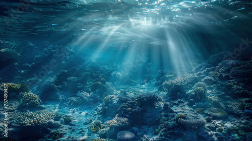 Sunlight shines through the clear water  illuminating the colorful coral reef teeming with marine life
