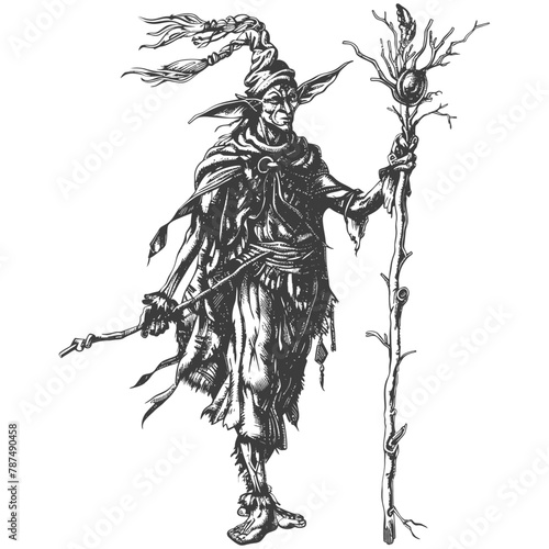 elf mage or necromancer with magical staff images using Old engraving style