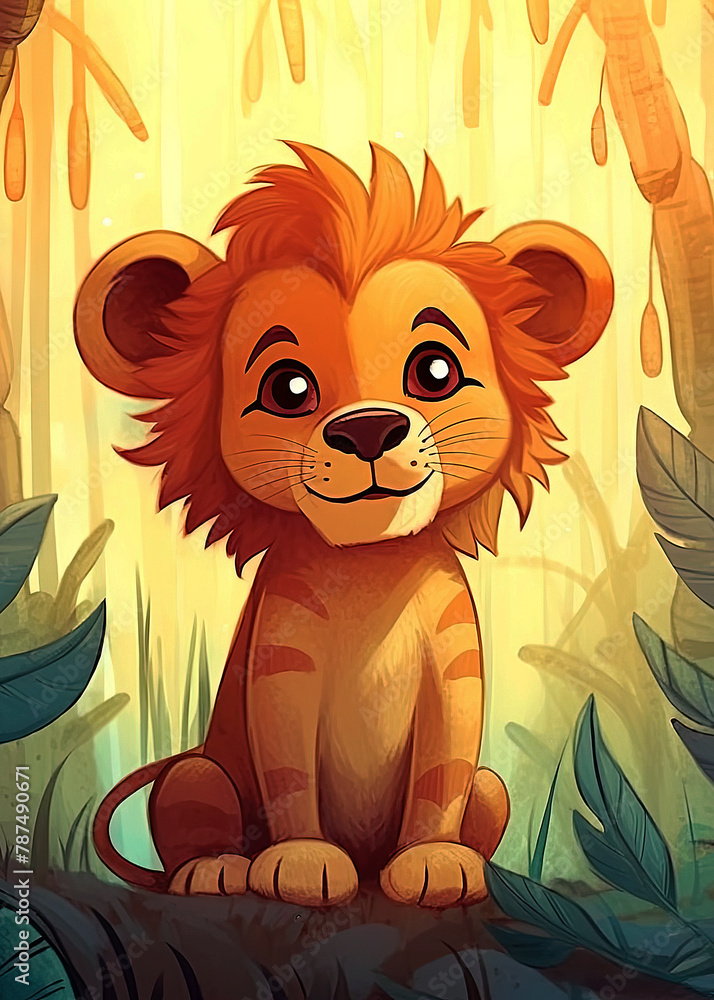 Obraz premium African safari illustration of a baby drawn baby lion.