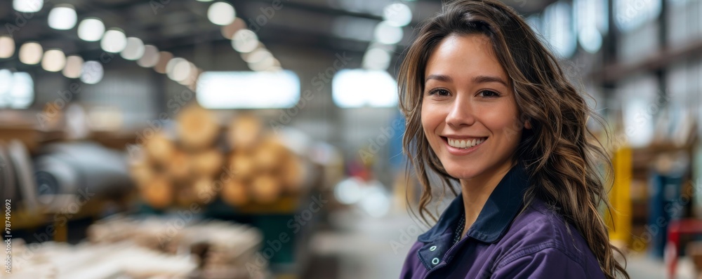 Confident female worker smiling in industrial warehouse environment