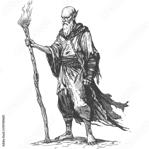 elf mage or necromancer with magical staff images using Old engraving style