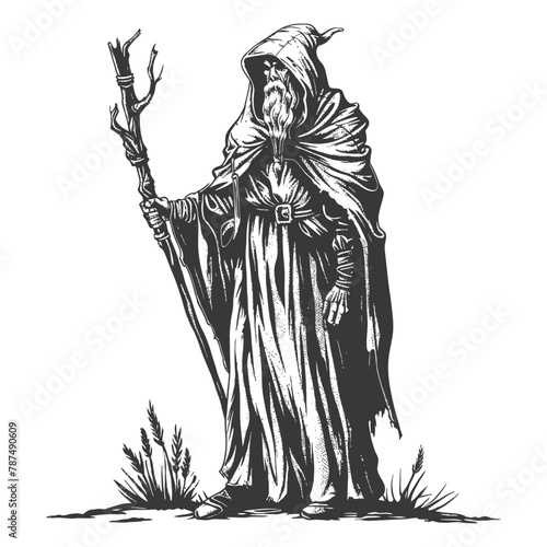 elf mage or necromancer with magical staff images using Old engraving style