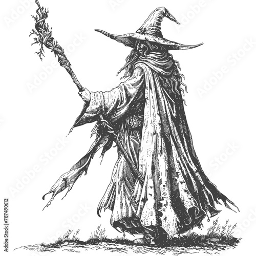 elf mage or necromancer with magical staff images using Old engraving style