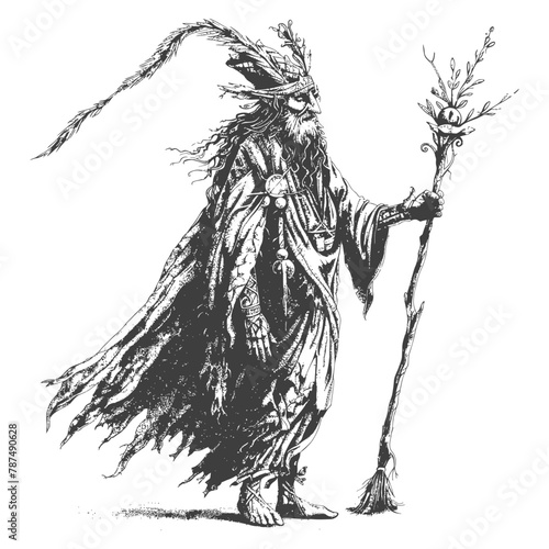elf mage or necromancer with magical staff images using Old engraving style