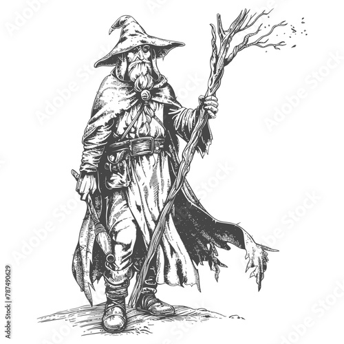 elf mage or necromancer with magical staff images using Old engraving style