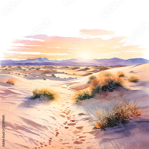 Watercolor illustration of dune desert landscape at sunset
