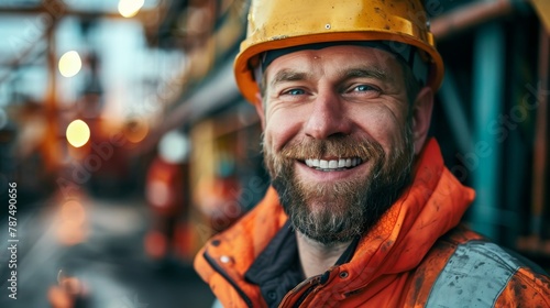 Smiling construction worker in hard hat and high-visibility jacket on industrial site