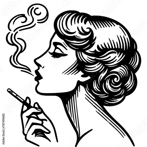 Woman smokes a cigarette. Hand drawing vintage style. Sketch board imitation. Raster, generative ai.