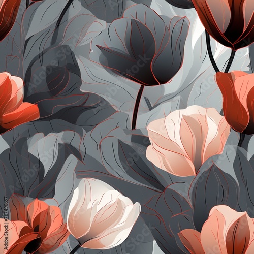 Grey and colored tulips seamless pattern - digital painting for textile, wallpaper, design #787490697