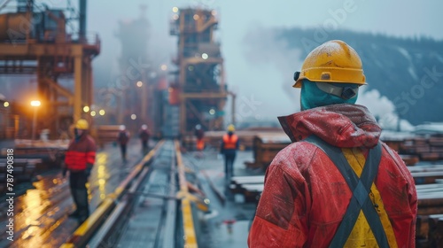 Workers at a modern sawmill during dawn in protective gear
