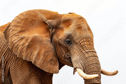 A close-up view of an elephant showing its impressive tusks and textured skin