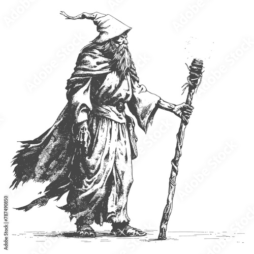 elf mage or necromancer with magical staff images using Old engraving style
