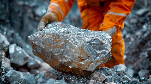 Industrial worker in high visibility orange uniform handling minerals at mining site
