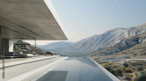 A large swimming pool situated next to a towering mountain side, creating a striking contrast between water and land
