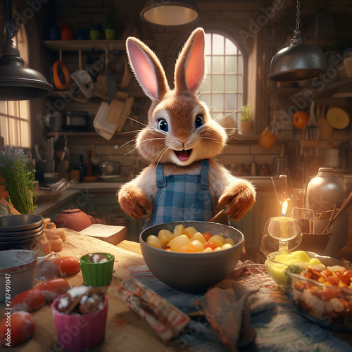 3d rendered photo of Realistic easter bunny cooking sweets with ingredients