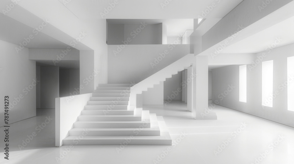 A set of white stairs positioned in a white room, creating a clean and minimalist aesthetic A set of white stairs positioned in a white room, creating a clean and minimalist aesthetic