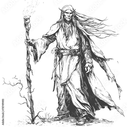 elf mage or necromancer with magical staff images using Old engraving style