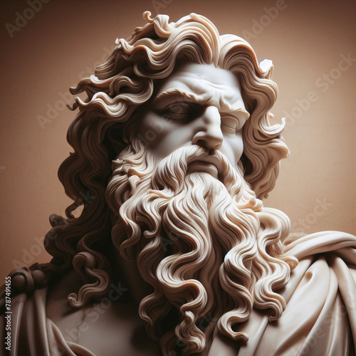 Male statue of a Roman deity, muscular Zeus with lightning in his hands in Olympus.