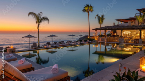 Large swimming pool positioned next to ocean, with blue water reflecting sky at sunset