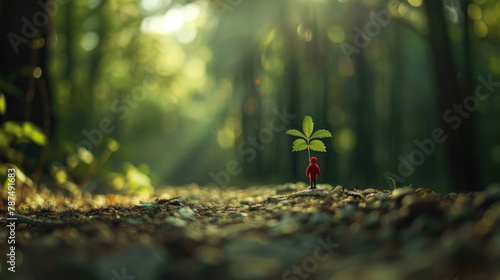 Red tiny person-shaped figurine with a leaf as an umbrella stands in a sunlit forest, creating a whimsical, miniature scene