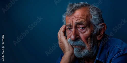 The portrait captures the depth of a sorrowful Hispanic elder, his face a map of life's experiences, set against a contemplative dark blue backdrop, evoking a story of wisdom and quiet introspection.