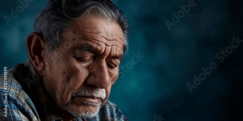 The portrait captures the depth of a sorrowful Hispanic elder, his face a map of life's experiences, set against a contemplative dark blue backdrop, evoking a story of wisdom and quiet introspection. © StockWorld
