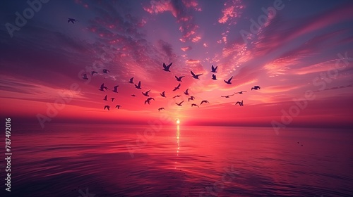 Majestic flocks of birds gracefully swooping across a twilight sky, their wings aglow with the hues of sunset-2