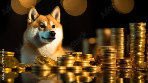 Shiba inu with gold coins and bokeh background. Cryptocurrency.