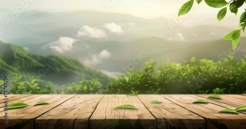 Wooden Table Overlooking Majestic Mountain Range