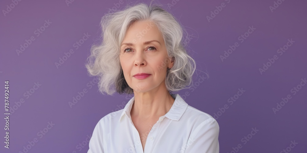 Graceful woman with silver hair and blue eyes, giving a subtle smile, against a smooth violet background.