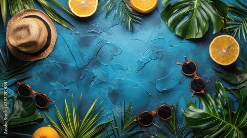 Blue Background With Oranges, Palm Leaves, Sunglasses, and a Hat