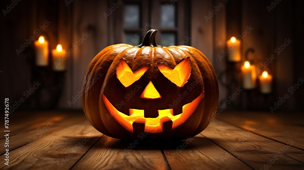 Halloween pumpkin head jack o lantern on wooden table and bokeh background. Halloween pumpkin head jack o lantern on wooden table and bokeh background.
