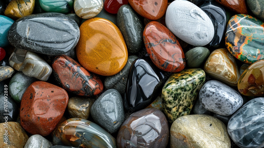 An array of smooth, polished pebbles in various colors and shapes, with glossy textures and intricate patterns , stylish wallpaper for mobile phone An array of smooth, polished pebbles in various colors and shapes, with glossy textures and intricate patterns , stylish wallpaper for mobile phone