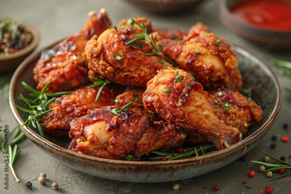 Golden and crispy, these spicy fried chicken wings are garnished with fresh herbs and served alongside dipping sauces in a rustic bowl setting