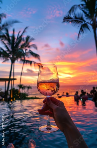 Person Holding Glass of Wine by Swimming Pool