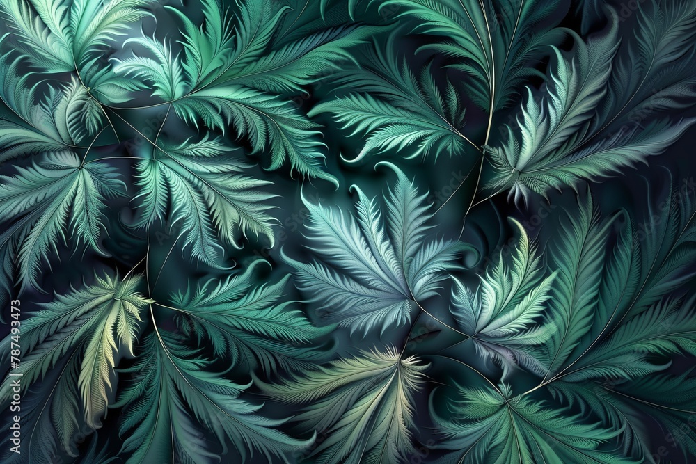 abstract cannabis leaf's , fractals and shadows, vector art, 3d render, dark green and light cyan colors, detailed background, fractal design, very detailed abstract cannabis leaf's , fractals and shadows, vector art, 3d render, dark green and light cyan colors, detailed background, fractal design, very detailed