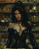 Dark Surreal Fantasy: Enchanting Witch with Potions in Spooky Italian Gothic Library