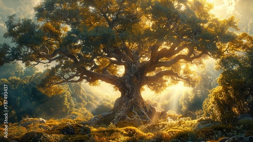 A majestic oak tree stands sentinel in a sun-dappled clearing, its gnarled branches reaching toward the sky. Shafts of golden light filter through the canopy above, illuminating the forest floor below photo