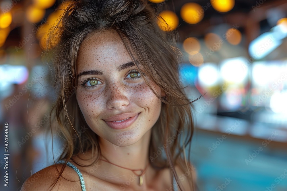 Cheerful young female with a joyful expression and natural freckles