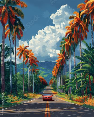 Vibrant Panama Roadside Art: Car amidst Palm Trees in North American Landscape