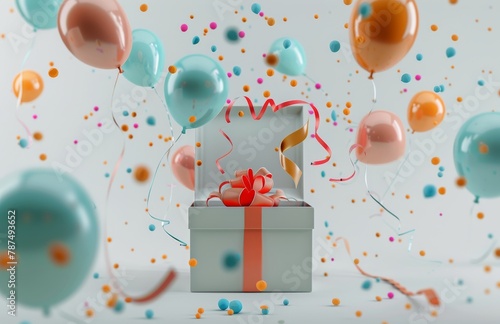 Gift Box With Balloons and Streamers of Confetti
