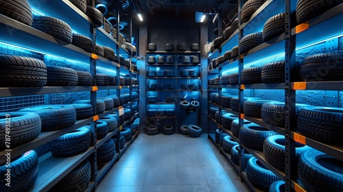 Neatly Arranged Tire Emporium with Glowing Ambience. Concept Tire Store Display, Neat Organization, Ambient Lighting, Wheel Showcase, Tire Shop Decor photo