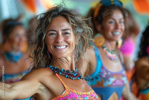 Spirited instructor sporting colorful attire leads a high-energy fitness dance class