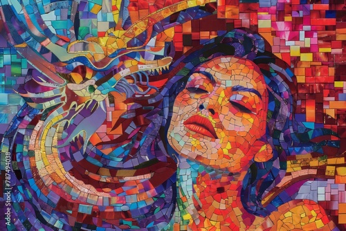 A vibrant and colorful abstract mosaic featuring an enchanting woman with her eyes closed, surrounded by the rich colors of reds, pinks, yellows, blues, purples, greens, and oranges. The focus is on h
