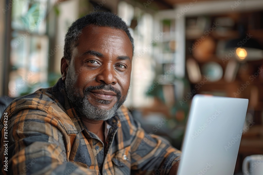 A contemplative African American man in plaid shirt using a laptop at a wooden table in a well-lit space A contemplative African American man in plaid shirt using a laptop at a wooden table in a well-lit space