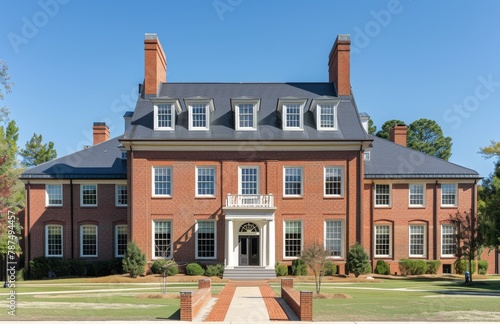 Large Red Brick House With Black Roof