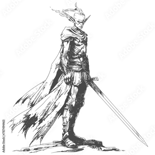 elf warrior with sword images using Old engraving style