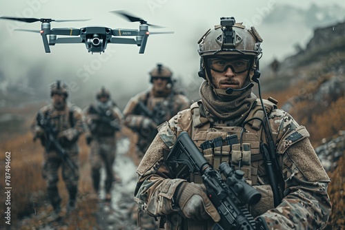 A vivid depiction of a commando unit in formation with a drone above, set against a misty natural landscape, faces hidden photo
