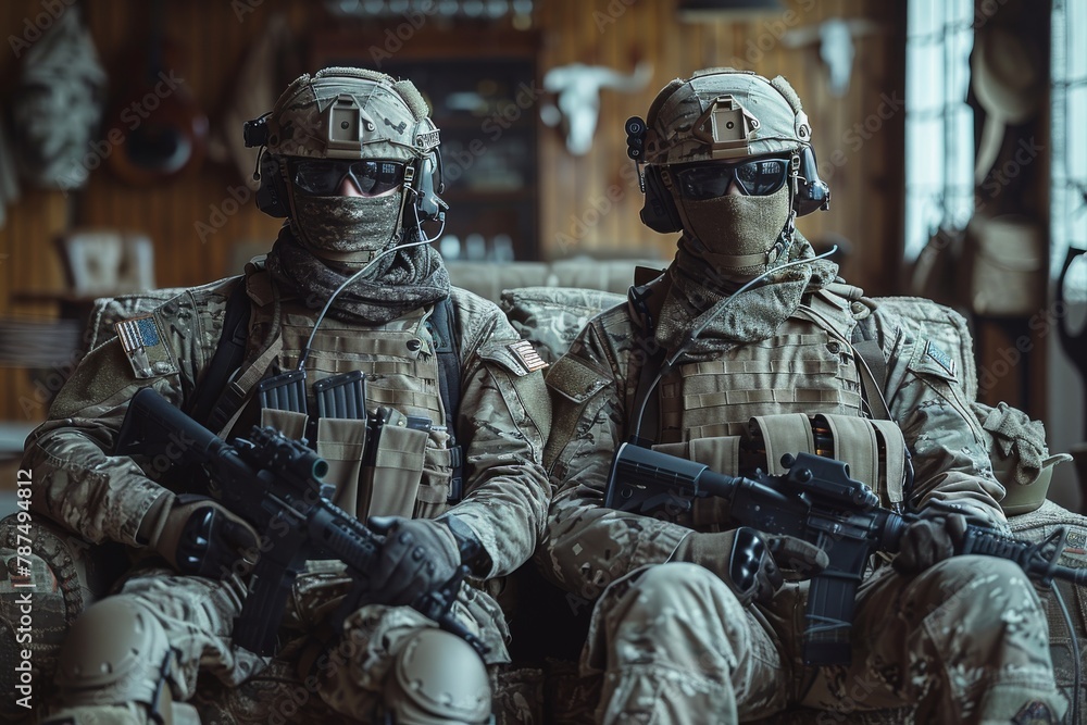 Two soldiers adorned in full tactical gear are featured with an emphasis on the detailed equipment and camaraderie Two soldiers adorned in full tactical gear are featured with an emphasis on the detailed equipment and camaraderie