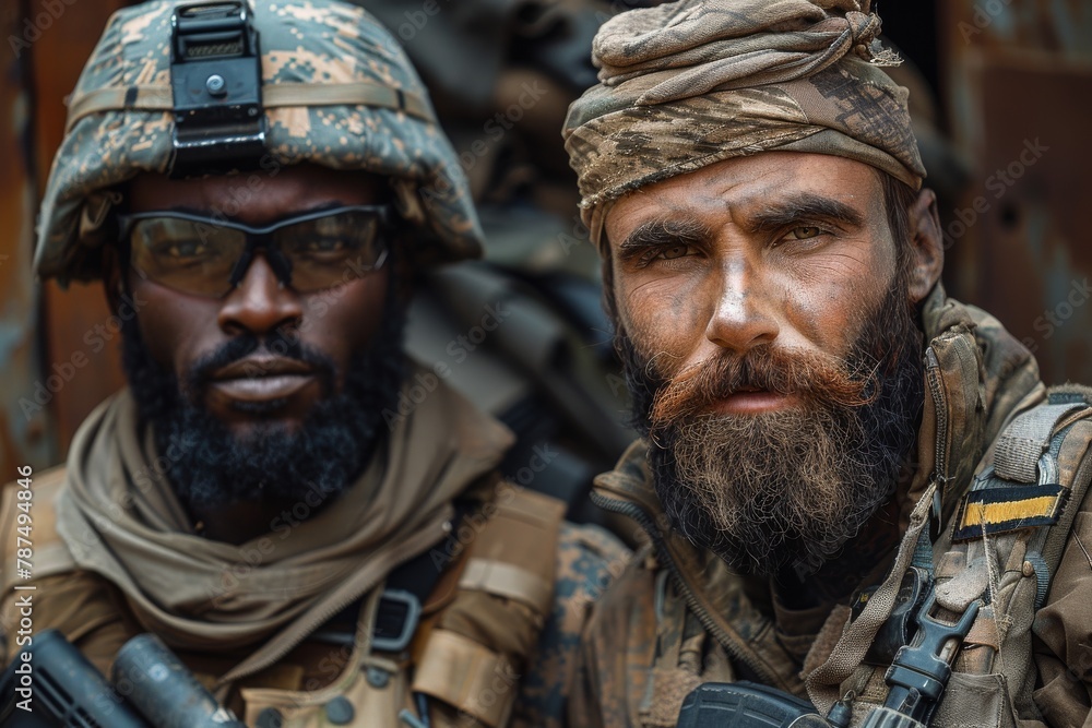 Fototapeta premium Stern and determined, two soldiers in combat gear share a moment of camaraderie with intense gazes
